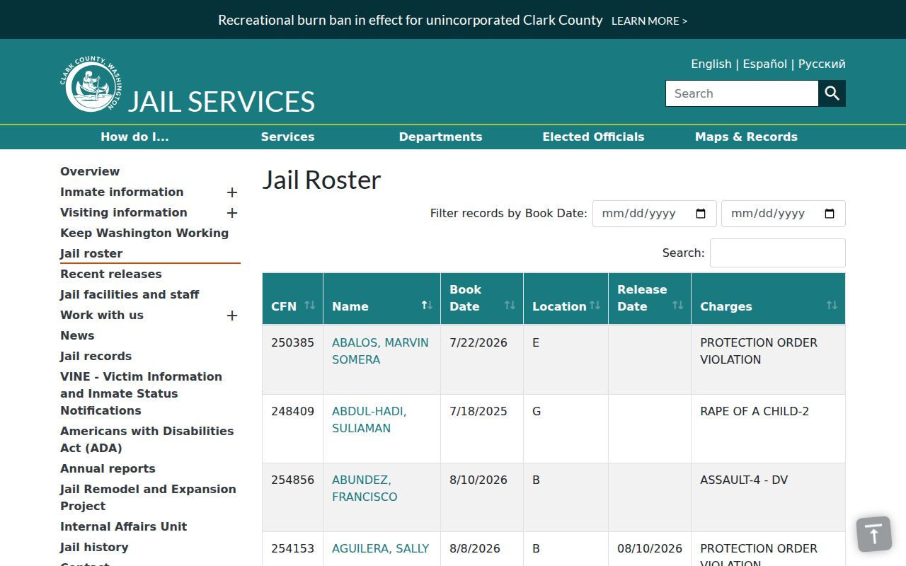Clark County arrest search booking roster and date filter