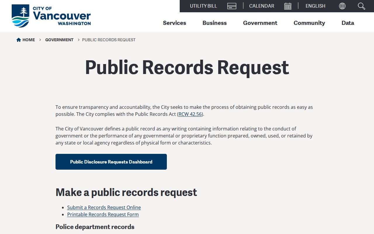 Vancouver criminal records request gateway for Vancouver Police reports