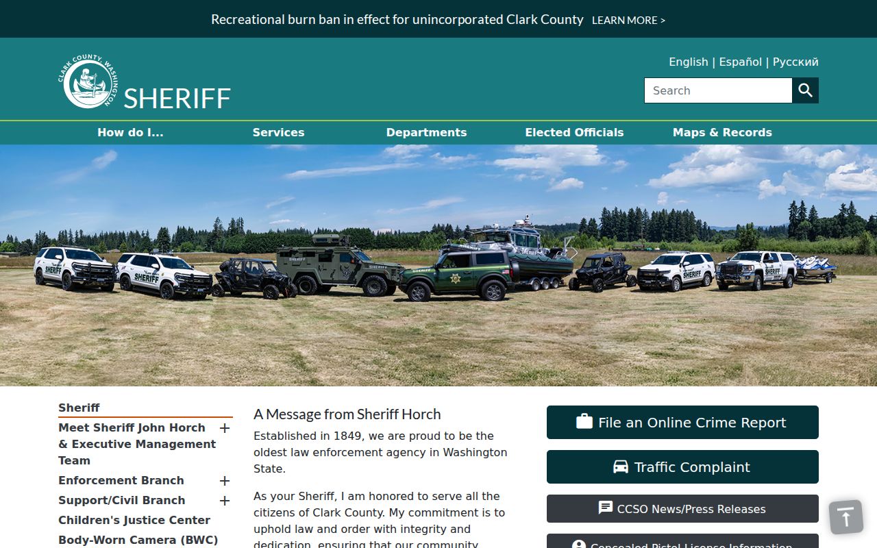 Clark County criminal history links on the sheriff service page