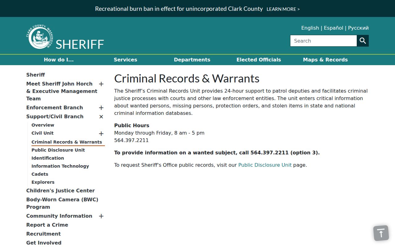 Clark County criminal warrant record contact page
