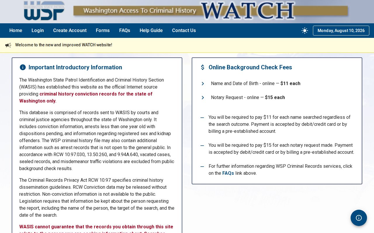 Clark County criminal history name and birth date search in WATCH